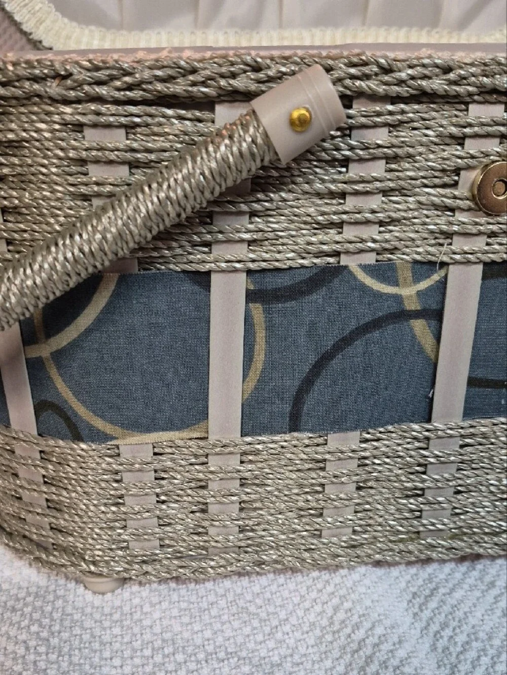 Woven Decorative Sewing Basket with Blue Pattern and Cream Trim Wooden Bottom